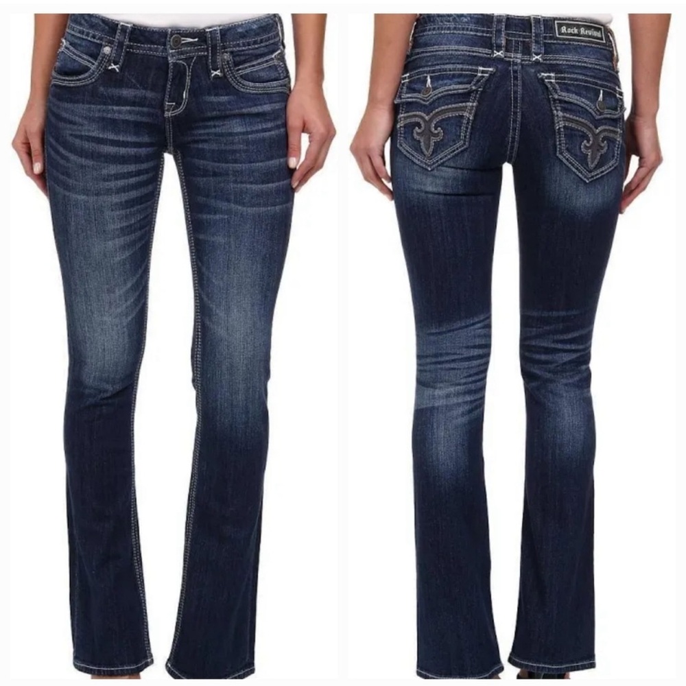 Rock Revival 26 Western‎ Embroidered Betty Dark Wash Easy Bootcut Jeans